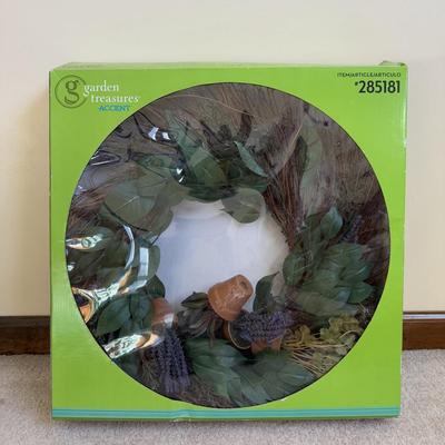 LOT 21B: Charlene Olson Embroidered Artwork, Florist Village House, Wreath in Box & More