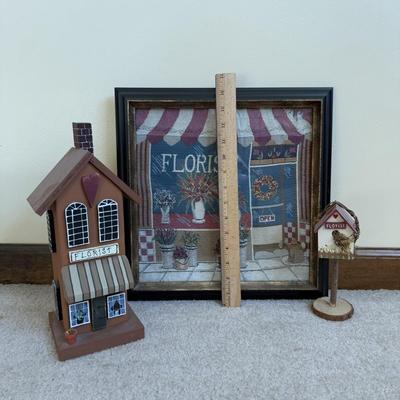 LOT 21B: Charlene Olson Embroidered Artwork, Florist Village House, Wreath in Box & More