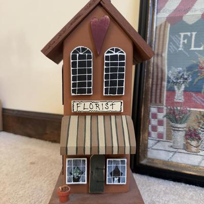 LOT 21B: Charlene Olson Embroidered Artwork, Florist Village House, Wreath in Box & More