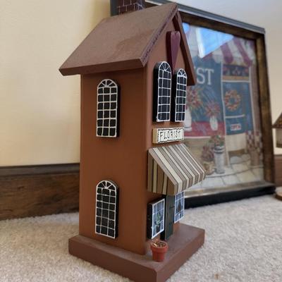 LOT 21B: Charlene Olson Embroidered Artwork, Florist Village House, Wreath in Box & More