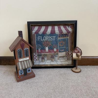 LOT 21B: Charlene Olson Embroidered Artwork, Florist Village House, Wreath in Box & More