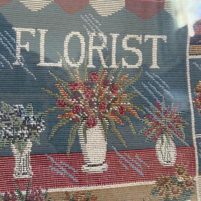 LOT 21B: Charlene Olson Embroidered Artwork, Florist Village House, Wreath in Box & More