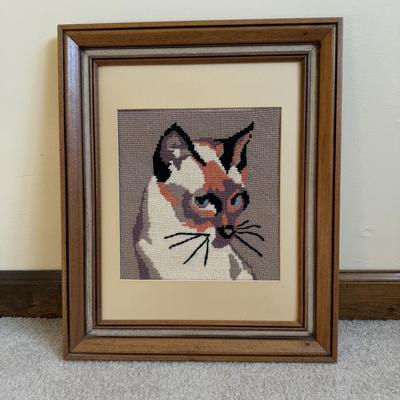 LOT 32B: Collection of Cat Figurines w/ Framed Needlepoint Portrait