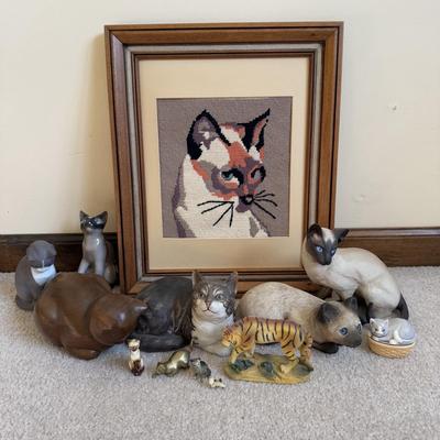 LOT 32B: Collection of Cat Figurines w/ Framed Needlepoint Portrait