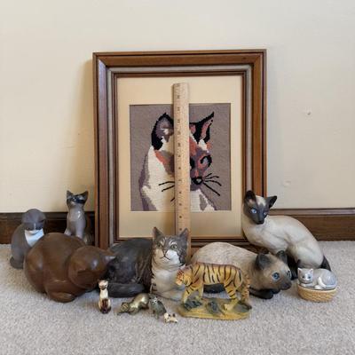 LOT 32B: Collection of Cat Figurines w/ Framed Needlepoint Portrait