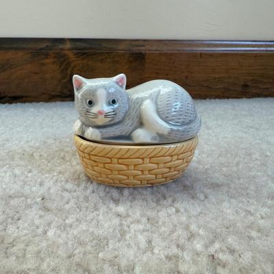 LOT 32B: Collection of Cat Figurines w/ Framed Needlepoint Portrait