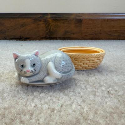 LOT 32B: Collection of Cat Figurines w/ Framed Needlepoint Portrait