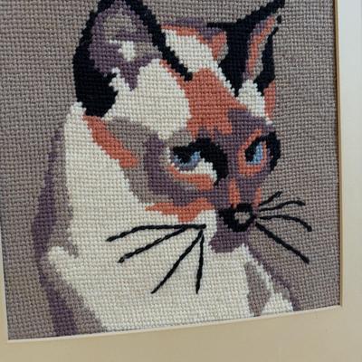 LOT 32B: Collection of Cat Figurines w/ Framed Needlepoint Portrait