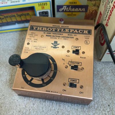 LOT 36B: Atlas HO Train Cars in Boxes, Throttlepack Model 501 Transformer w/ Box & More