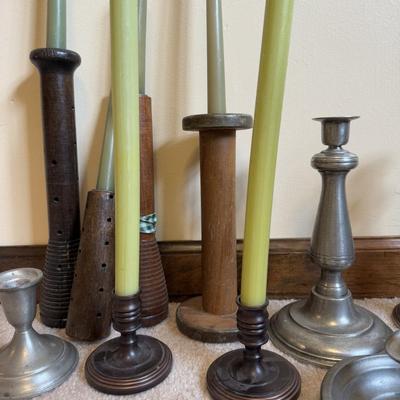 LOT 37B: Collection of Candlesticks & Candles - Williamsburg Stieff Pewter, Baldwin, Brass, Poole Pewter, Silver Plate & More