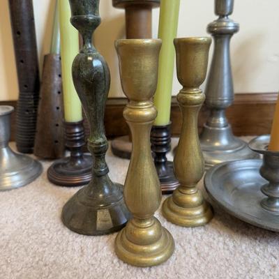 LOT 37B: Collection of Candlesticks & Candles - Williamsburg Stieff Pewter, Baldwin, Brass, Poole Pewter, Silver Plate & More