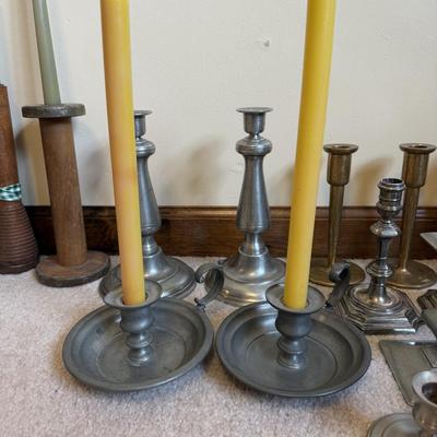 LOT 37B: Collection of Candlesticks & Candles - Williamsburg Stieff Pewter, Baldwin, Brass, Poole Pewter, Silver Plate & More