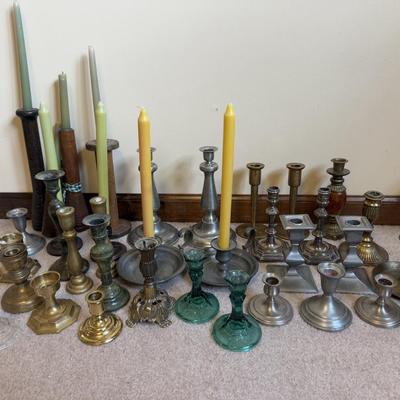 LOT 37B: Collection of Candlesticks & Candles - Williamsburg Stieff Pewter, Baldwin, Brass, Poole Pewter, Silver Plate & More