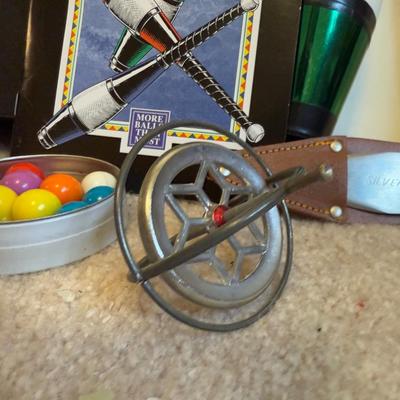 LOT 39B: Club Juggling Kit, Throwing Knife w/ Sheath, Yo-Yos, Diablo Spinner & More