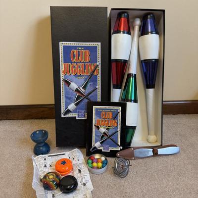 LOT 39B: Club Juggling Kit, Throwing Knife w/ Sheath, Yo-Yos, Diablo Spinner & More