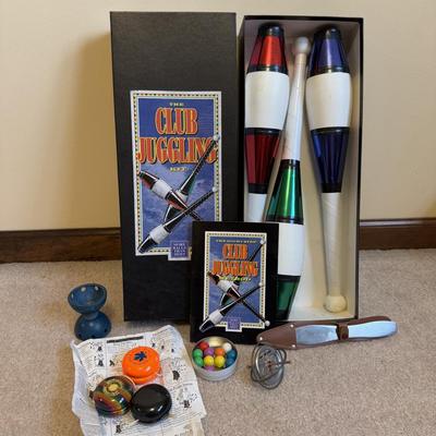 LOT 39B: Club Juggling Kit, Throwing Knife w/ Sheath, Yo-Yos, Diablo Spinner & More