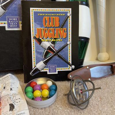 LOT 39B: Club Juggling Kit, Throwing Knife w/ Sheath, Yo-Yos, Diablo Spinner & More