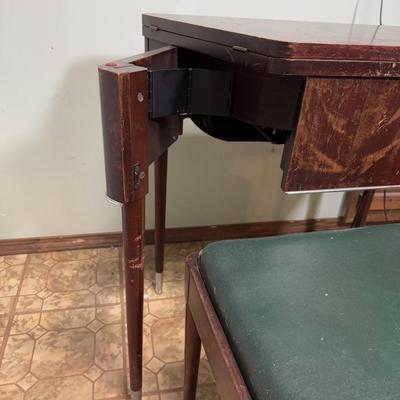 LOT 40B: Vintage Singer 206 Sewing Machine in Folding Trapezoid Cabinet / Sewing Table w/ Matching Storage Bench