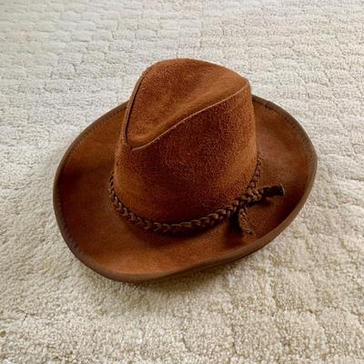 LOT 43 M: National Geographic Tan Cotton Canvas Safari Style Hat Size Medium & Henschel Brown Suede Leather Size Medium Cowboy Hat w/...