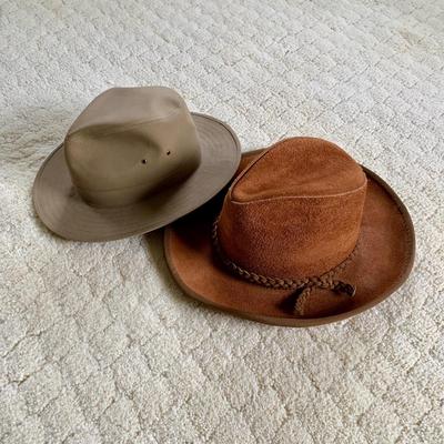 LOT 43 M: National Geographic Tan Cotton Canvas Safari Style Hat Size Medium & Henschel Brown Suede Leather Size Medium Cowboy Hat w/...