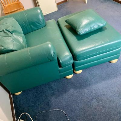 LOT 46 Z: Selig Green Leather Oversized Chair, Ottoman, & Pillow