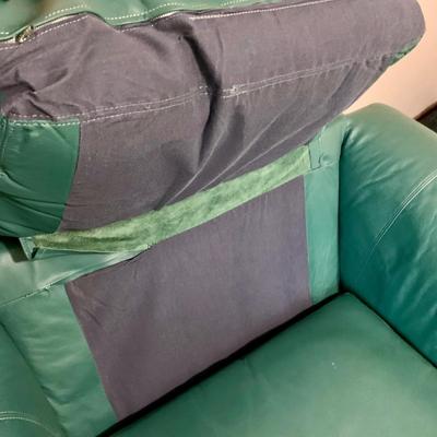 LOT 46 Z: Selig Green Leather Oversized Chair, Ottoman, & Pillow