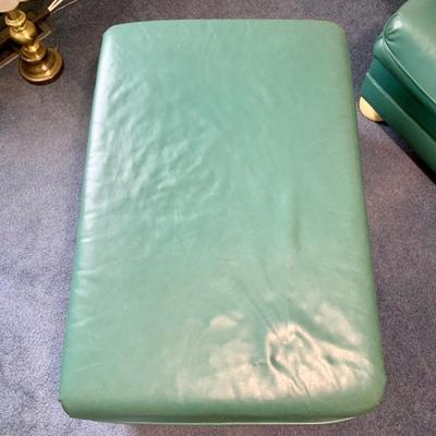 LOT 46 Z: Selig Green Leather Oversized Chair, Ottoman, & Pillow