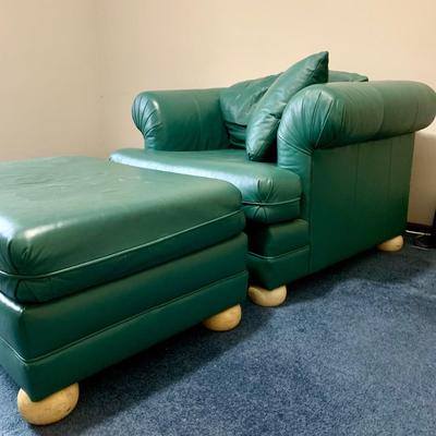 LOT 46 Z: Selig Green Leather Oversized Chair, Ottoman, & Pillow