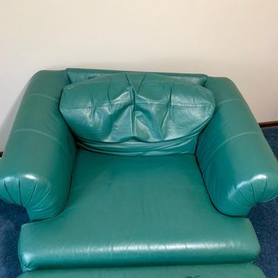 LOT 46 Z: Selig Green Leather Oversized Chair, Ottoman, & Pillow