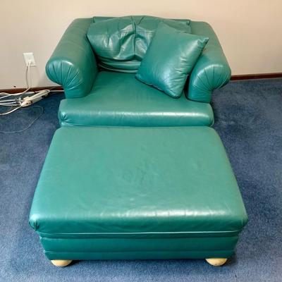 LOT 46 Z: Selig Green Leather Oversized Chair, Ottoman, & Pillow