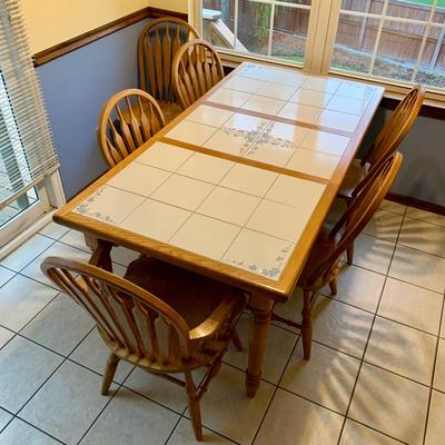LOT 48 D: Dinaire Tile Top w/ Floral Accents Oak Wood Table & 6 Dining Chairs