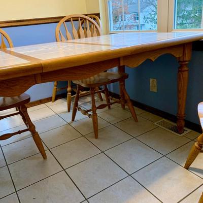 LOT 48 D: Dinaire Tile Top w/ Floral Accents Oak Wood Table & 6 Dining Chairs