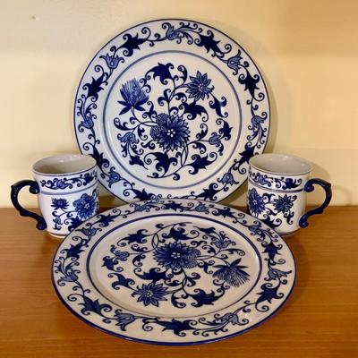 LOT 59 K: Bombay Blue & White China Set: Florals & Dragons 18 pieces