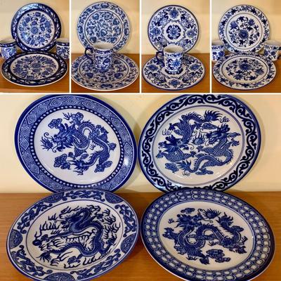 LOT 59 K: Bombay Blue & White China Set: Florals & Dragons 18 pieces