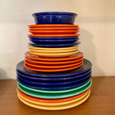 LOT 60 K: Fiestaware Collection: Plates, Salt & Pepper Shakers, Cups, & More
