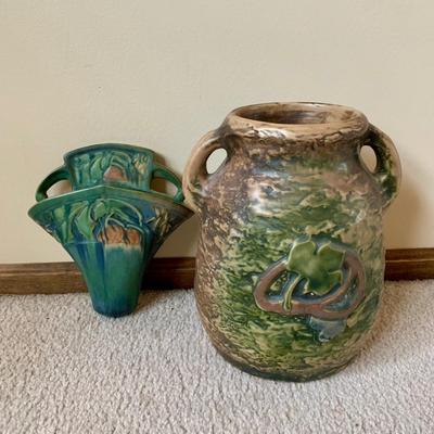 LOT 63 K: Roseville 1932 Green Wall Pocket & Unmarked Roseville Imperial Vase