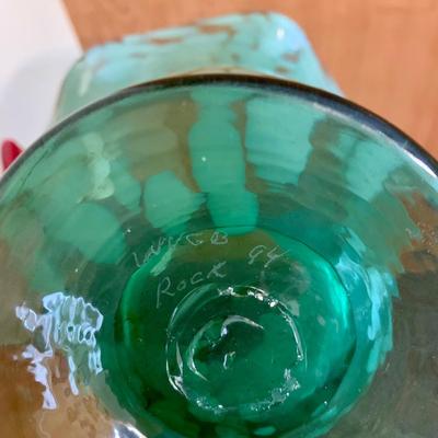 LOT 64 K: Signed Hand Blown Ruffled Rim Aqua & White Marbled Vase, Pasabahce Turkish Cobalt Blue Swirl Hand Blown Glass Footed Bowl,...