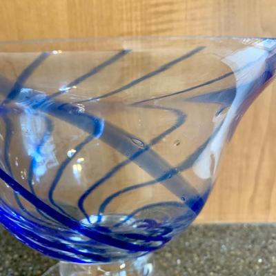 LOT 64 K: Signed Hand Blown Ruffled Rim Aqua & White Marbled Vase, Pasabahce Turkish Cobalt Blue Swirl Hand Blown Glass Footed Bowl,...