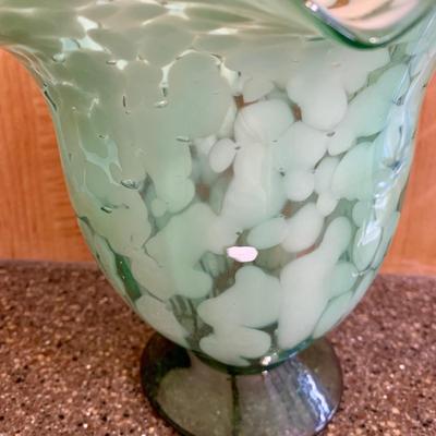 LOT 64 K: Signed Hand Blown Ruffled Rim Aqua & White Marbled Vase, Pasabahce Turkish Cobalt Blue Swirl Hand Blown Glass Footed Bowl,...