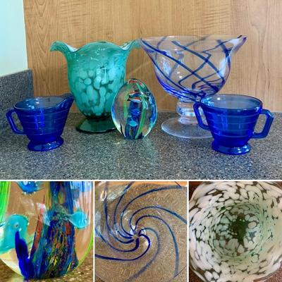 LOT 64 K: Signed Hand Blown Ruffled Rim Aqua & White Marbled Vase, Pasabahce Turkish Cobalt Blue Swirl Hand Blown Glass Footed Bowl,...