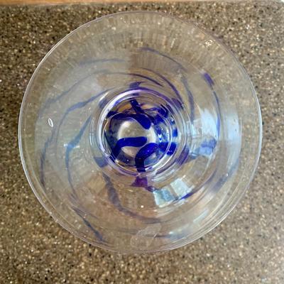 LOT 64 K: Signed Hand Blown Ruffled Rim Aqua & White Marbled Vase, Pasabahce Turkish Cobalt Blue Swirl Hand Blown Glass Footed Bowl,...