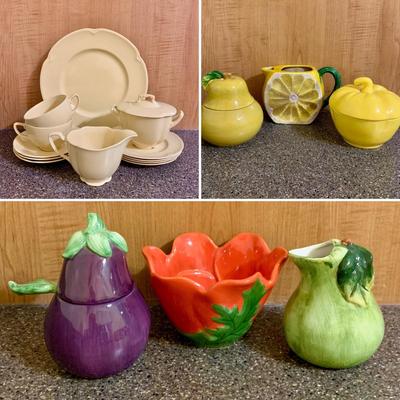 LOT 75 K: Goldendawn Johnson Bros. English Pale Yellow China Set & Ceramic Fruit Kitchenware