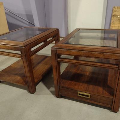 Pair of Wooden and Glass Top Side Tables