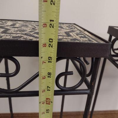 Pair of Metal Frame Plant Stand/Accent Tables with Tile Tops- Approx 8" Square x 20" Tall