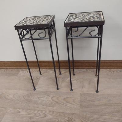 Pair of Metal Frame Plant Stand/Accent Tables with Tile Tops- Approx 8" Square x 20" Tall