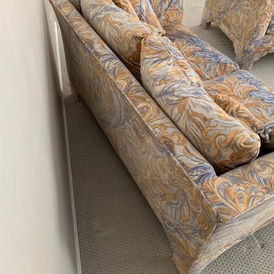 LOT 1 L: 2 Matching Orange & Blue 1970's Style Feather Print Velveteen Loveseats