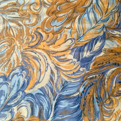 LOT 1 L: 2 Matching Orange & Blue 1970's Style Feather Print Velveteen Loveseats