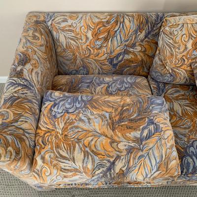 LOT 1 L: 2 Matching Orange & Blue 1970's Style Feather Print Velveteen Loveseats