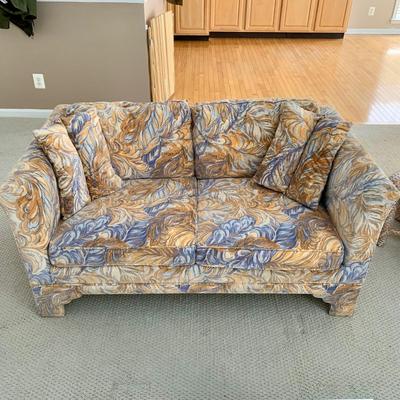 LOT 1 L: 2 Matching Orange & Blue 1970's Style Feather Print Velveteen Loveseats