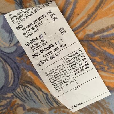 LOT 1 L: 2 Matching Orange & Blue 1970's Style Feather Print Velveteen Loveseats